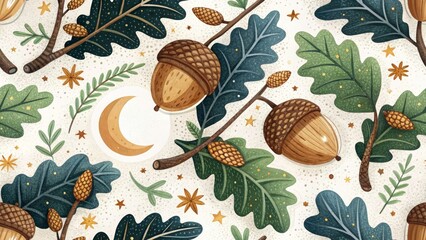 Enchanted Woodland Night: Acorn Pattern Background - Magical Forest Photography