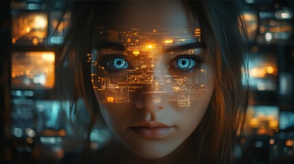 Young Woman with Cybersecurity Concept and Digital Interface Background