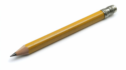 High-angle close-up shot of a well-used, yellow pencil with a metallic eraser isolated on a clean white background.  The pencil shows signs of use, adding a touch of realism.