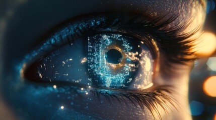 Futuristic eye, digital data, close-up, bokeh background, sci-fi concept