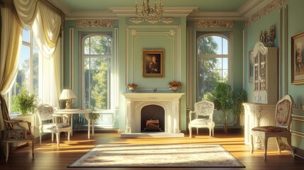 A classic countryside-style living room with muted green walls, white wooden furniture, and a fireplace.
