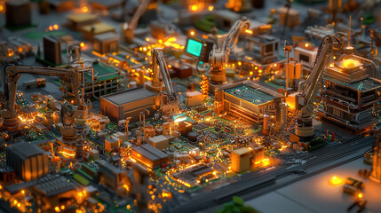 Obraz premium detailed view of robotic arms assembling electronic devices in glowing factory setting, showcasing advanced technology and automation