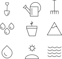 Minimalist Gardening, Nature, and Environment Line Icons – Shovel, Watering Can, Rake, Plants, Water Drops, Mountains, Sun, and Waves with Transparent Background.