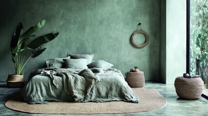 A cozy bohemian bedroom with mint green walls, woven decor, and natural textures.
