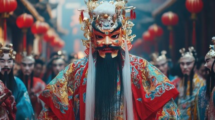 Traditional Chinese Festival with Colorful Costumes and Performers