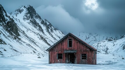 Abandoned red cabin in a snowy mountain landscape under a moody sky, evoking solitude