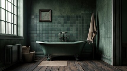 A dark green tiled bathroom with a vintage clawfoot bathtub and rustic wooden flooring.
