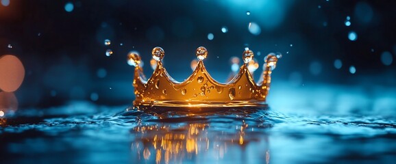 Golden crown splashing in water, bokeh background, royalty concept