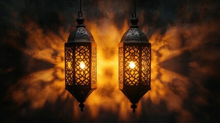 Glowing Ramadan lanterns, dark background, festive light
