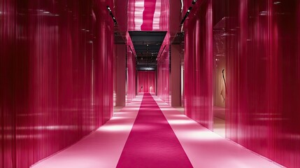 Fototapeta premium A glamorous pink fashion show backdrop with bold neon lighting and elegant design elements.