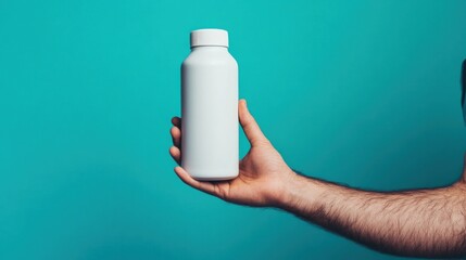 Man holding blank white bottle, teal background, product mockup