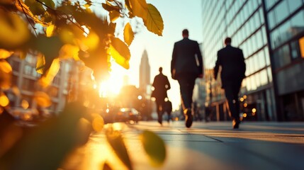 The concept of sustainability in business centers, crowds of business people walking at a corporate office in a green city downtown, abstract motion blur image with blurred background