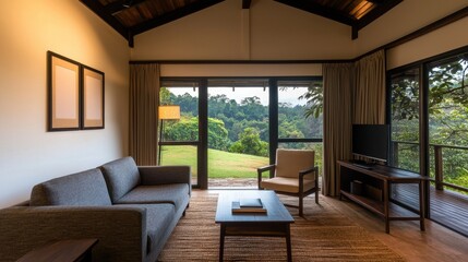 Cozy Modern Living Room with Scenic Nature View in Tropical Setting