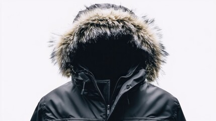 Winter parka hood, fur trim, studio shot, white background, apparel