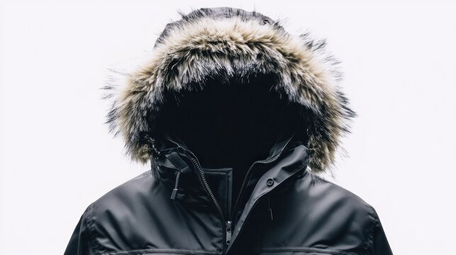 Winter parka hood, fur trim, studio shot, white background, apparel