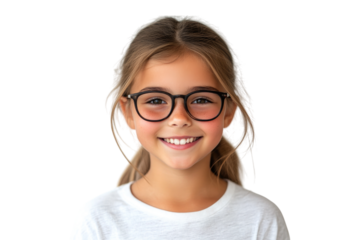 Smiling school girl with glasses in sweater isolated on white or transparent, PNG