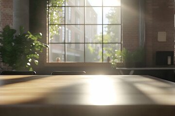 Fototapeta premium Sunlit wooden table in a loft apartment, featuring a large window showcasing a blurred city street scene. Ideal for product placement or lifestyle imagery.