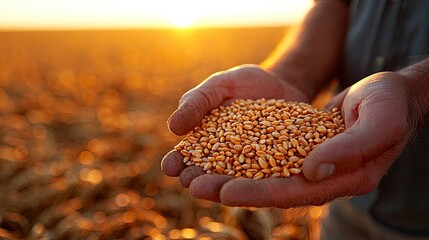 Farmer holding harvested corn kernels in hands during sunset in a golden field