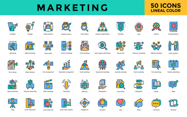 Marketing icon set with campaign, strategy, target audience, market research, data analysis, audience segmentation, branding, logo, identity, brand guidelines icon. Simple lineal color vector 
