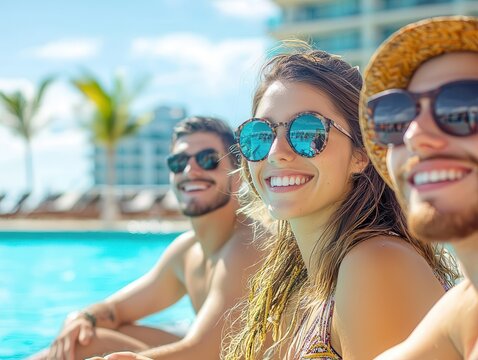 Group of friends relaxing by a hotel pool on spring break