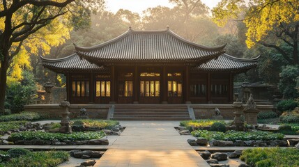 Fototapeta premium Serene Pavilion Nestled Within a Tranquil Garden Setting