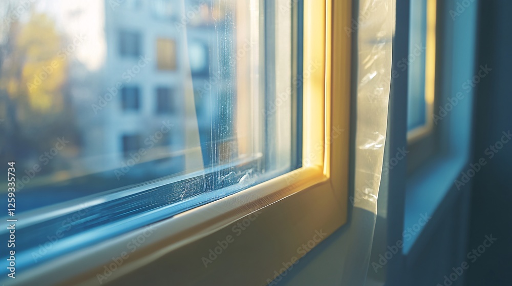 Poster sunlight shining through a dirty window onto a curtain