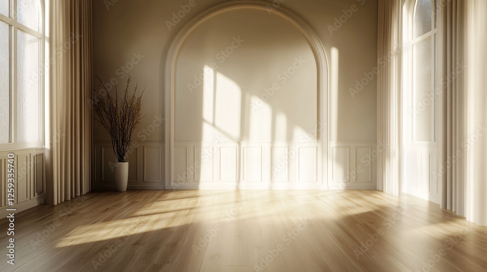 Poster Sunlight casting shadows in an empty room with hardwood floor