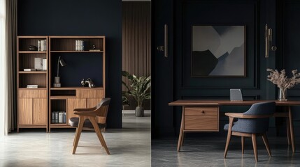 A minimal and chic office setup with navy walls, an open wooden bookshelf, and soft lighting.