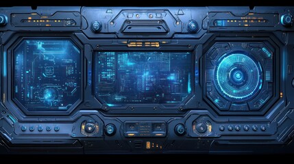 Futuristic spaceship control panel interface, glowing screens, dark background, game design
