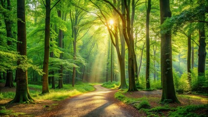 Obraz premium Serene forest scene with lush greenery and winding paths in a peaceful woodland area, surrounded by tall trees and dappled sunlight filtering through the leaves , tranquility, outdoors