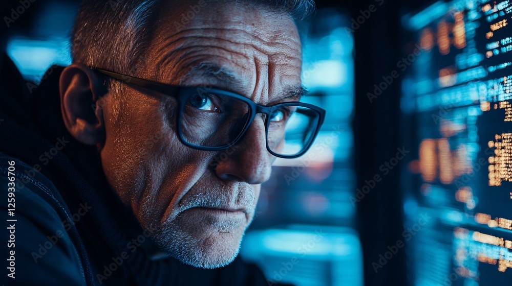 Aufkleber Senior software developer working late analyzing code on computer screen