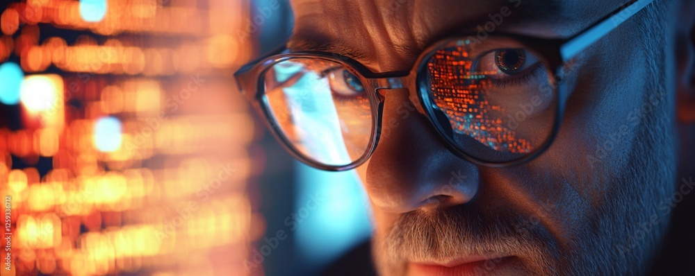Aufkleber Closeup of a programmer working with lines of code reflecting in glasses