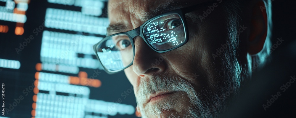 Aufkleber Senior programmer working late looking at computer code reflecting in glasses