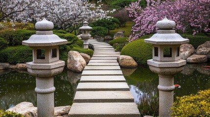 Serene Garden Pathway with Lanterns and Blossoming Trees