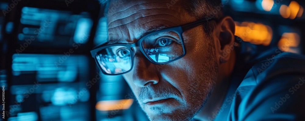 Aufkleber Focused software developer working late looking at computer screen with code reflecting in glasses