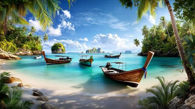 Tropical Beach Paradise: Longtail boats gently bob in the crystal-clear turquoise waters of a secluded tropical beach, surrounded by lush palm trees and dramatic limestone karsts.
