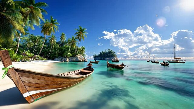 Tropical Paradise: A tranquil scene of a pristine beach with crystal-clear turquoise water, swaying palm trees, and traditional wooden boats gently bobbing on the waves.