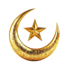 a goldencrescent moon with a five pointed star is isolated on white or transparent background