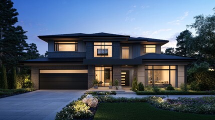 Beautiful modern suburban house exterior at twilight with lights on