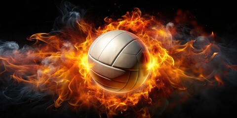 Fototapeta premium Volleyball in flames surrounded by darkness and smoke on a black background with fiery orange and red hues, sport