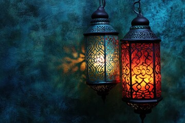 Illuminated lanterns, teal wall, Ramadan celebration, festive background
