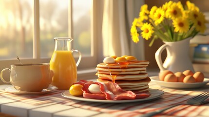 A classic American breakfast, pancakes, bacon, scrambled eggs, syrup, 3D illustration, realistic, isolated on white background.
