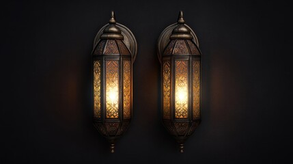 Illuminated Moroccan lanterns on dark wall, interior design