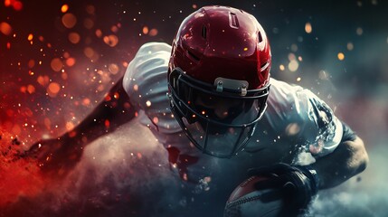 American football player running with the ball in a dramatic scene with fire sparks