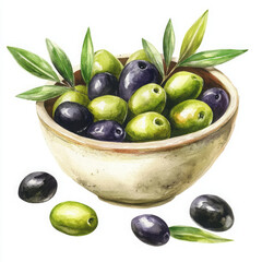 Obraz premium Watercolor olives fill bowl, bursting with freshness and natural beauty
