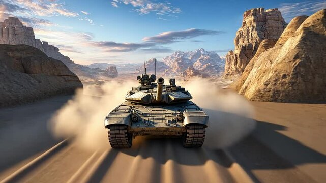 Desert Tank: A military tank rumbles through a desolate desert landscape, its powerful presence and billowing dust creating an awe-inspiring and dramatic image of strength and power.
