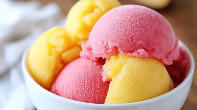 A bowl of pink and yellow sorbet scoops