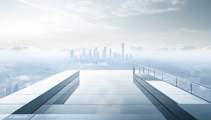 Fototapeta premium Modern rooftop cityscape view; panoramic perspective of a city skyline from a sleek, minimalist rooftop terrace.
