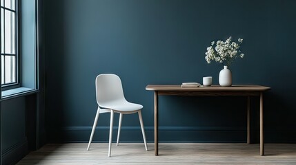 A serene workspace with indigo walls, a wooden desk, a white chair, and soft natural lighting.