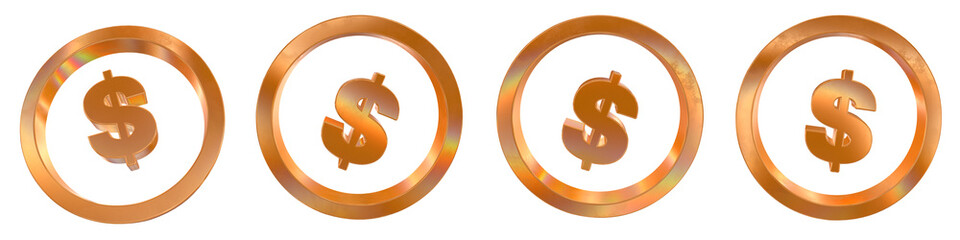 Obraz premium Set of 4 3d dollar coin outline shapes with golden and rainbow effects isolated on a transparent background. 3d elements for graphic design.